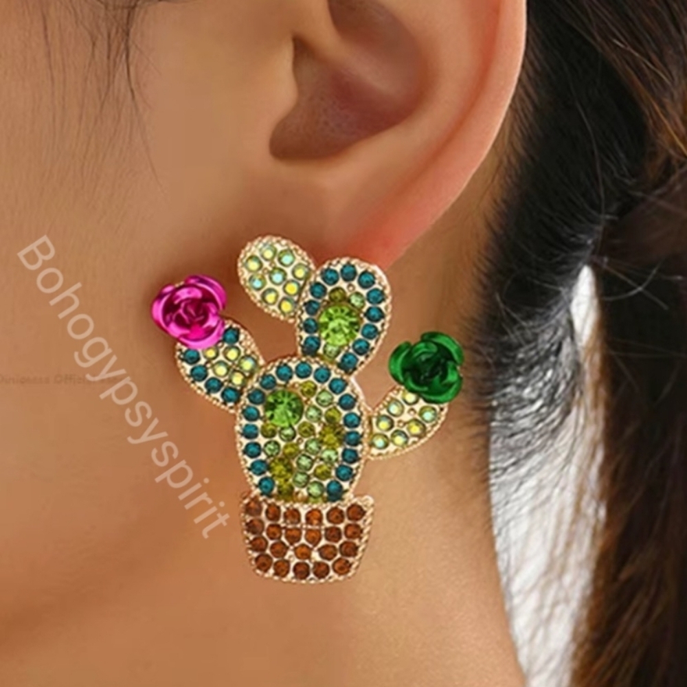 Boho Green Crystal Rhinestone Cactus Earrings With Metal Flowers